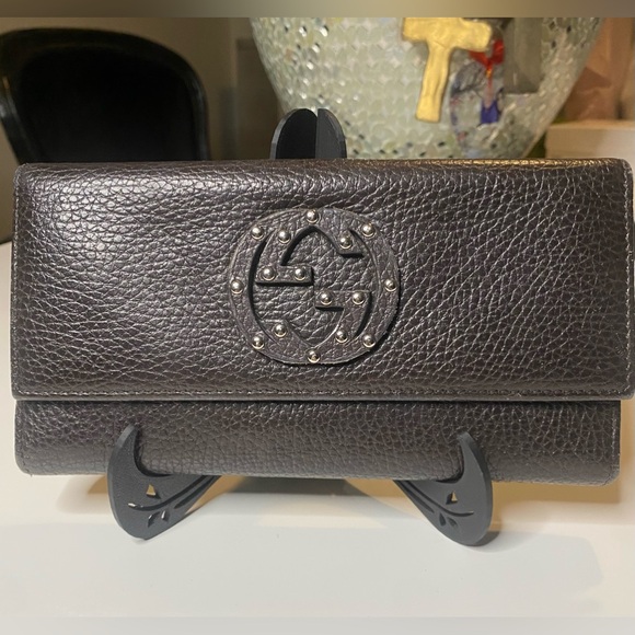 Gucci Rich Dark Brown Continental Pebbled Leather Wallet - Picture 1 of 9